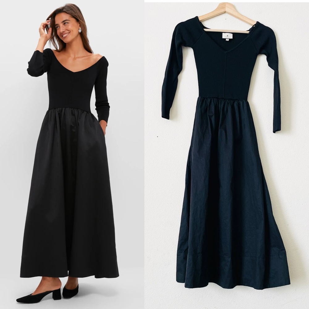 Tuckernuck XXS Black Dupioni Clea midi pocketed fit and flare dress - Picture 1 of 8